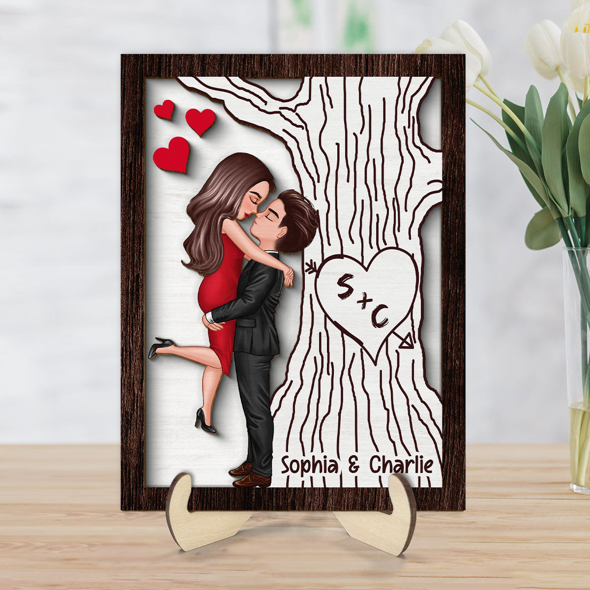 Heart Carved Tree Couple Initials Valentine‘s Day Gift For Her Gift For Him Personalized 2-Layer Wooden Plaque