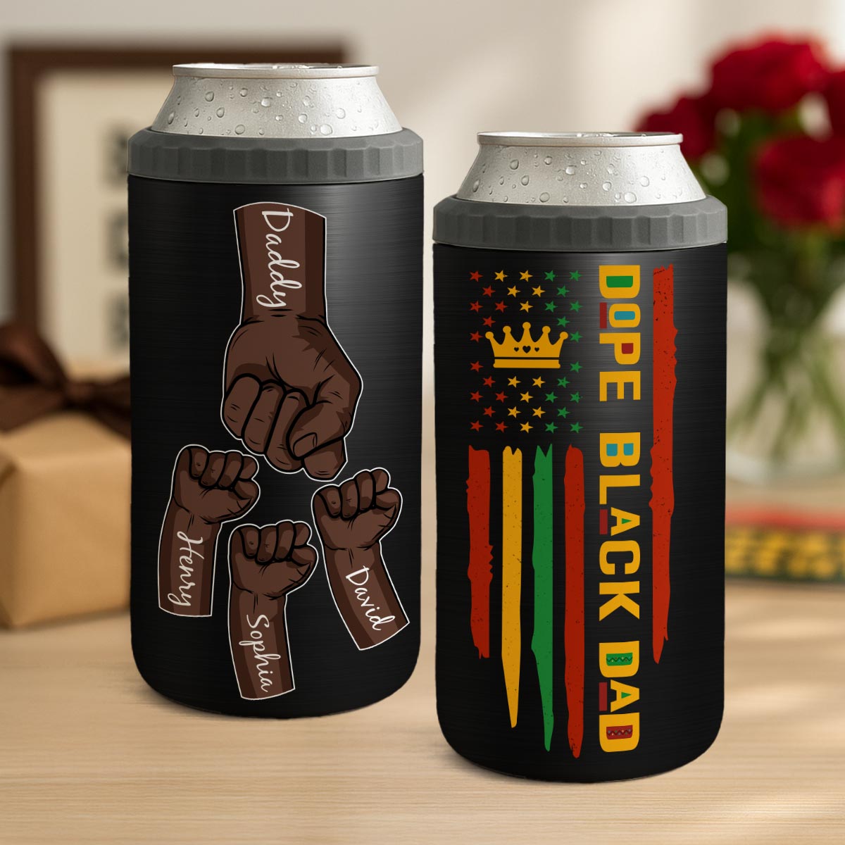 Dope Black Dad Juneteenth Flag Fist Bumps Personalized 4-in-1 Can Cooler