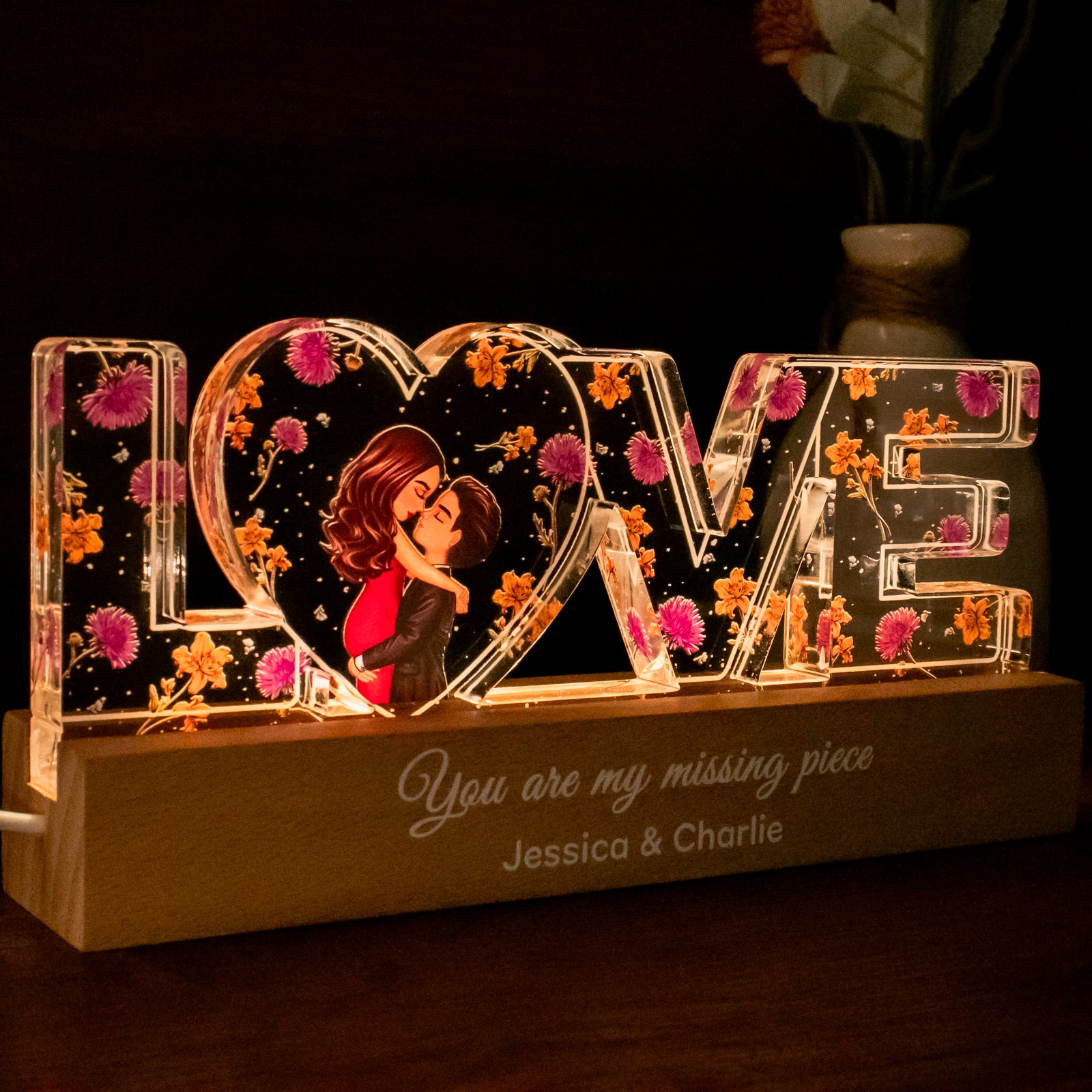 Couple Romantic Love Custom Flower Printed LED Night Light, Birth Month Flower, Thoughtful  Gift for her, Gift for him
