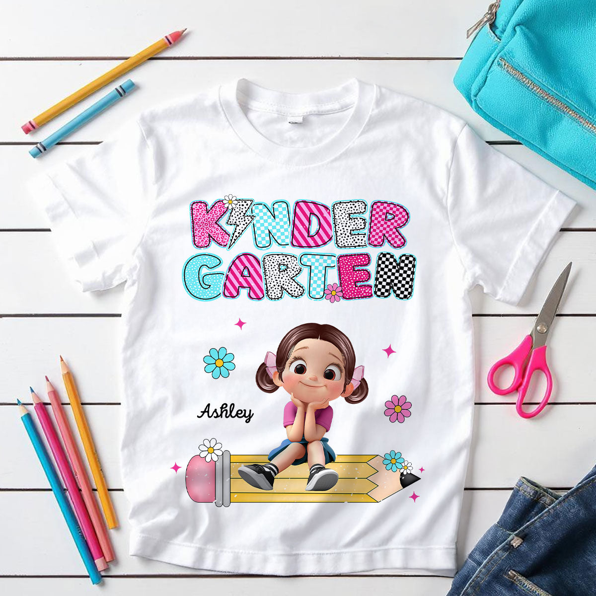 Personalized Kindergarten Tshirt for Girls, Colorful Pencil Pattern Custom Kids Name, Back To School Shirt Toddler, First Day School Outfit