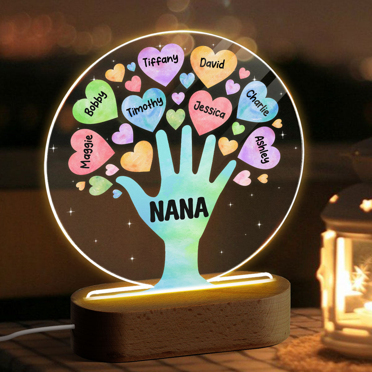Grandma Tree Hand & Colorful Hearts Personalized Acrylic Plaque With LED Night Light