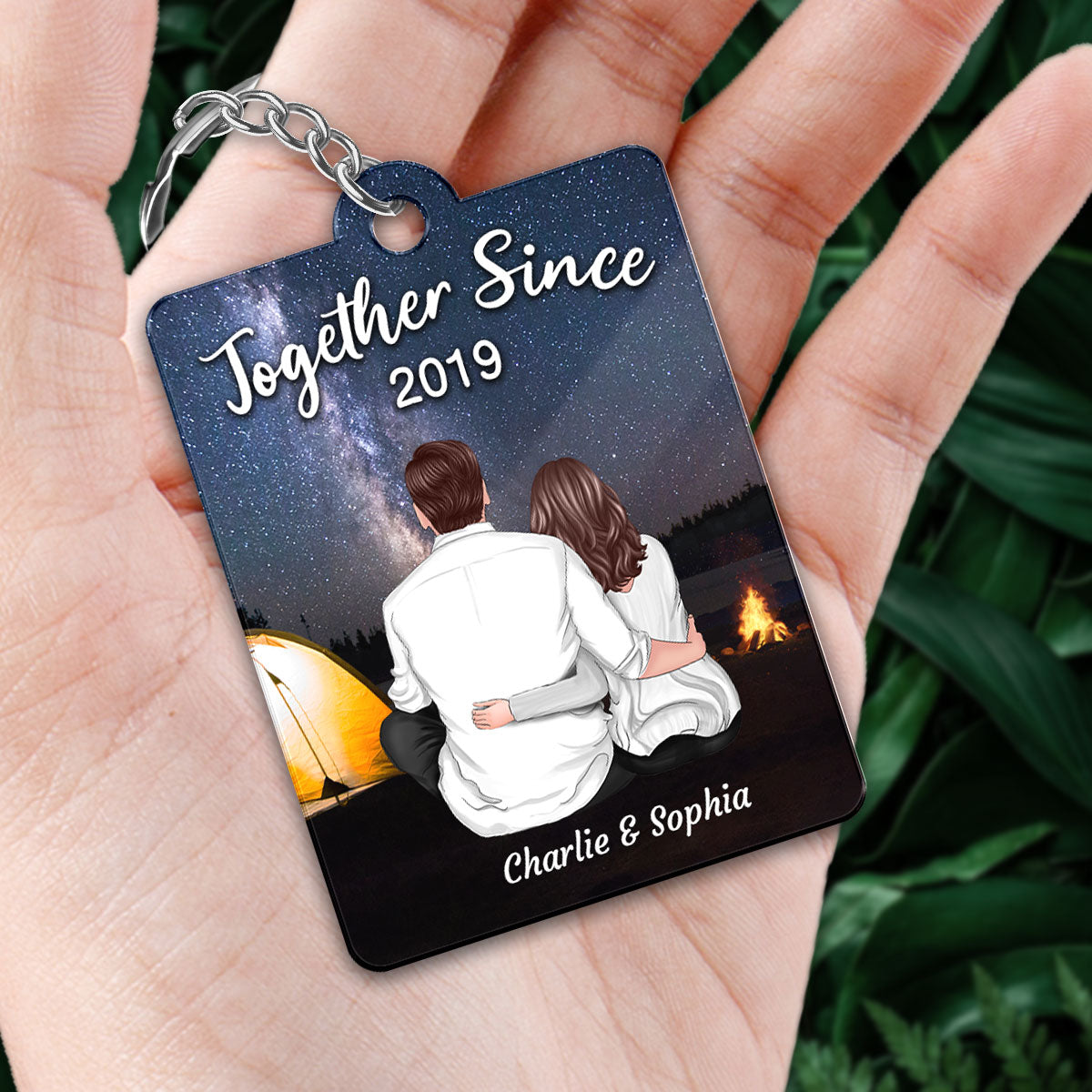 Couple Back View Sitting Tent Bonfire Favorite Song QR Code Personalized Acrylic Keychain