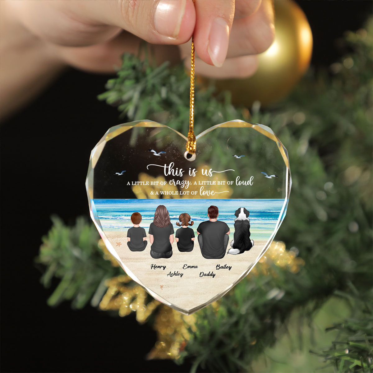 Family Sitting Back View Retro Vintage Beach Landscape Personalized Heart Glass Ornament