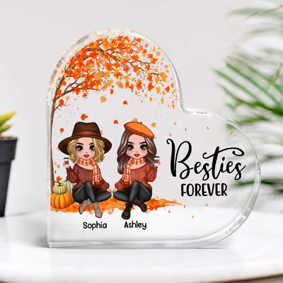 Fall Season Doll Besties Sitting Under Tree Personalized Acrylic Heart Plaque