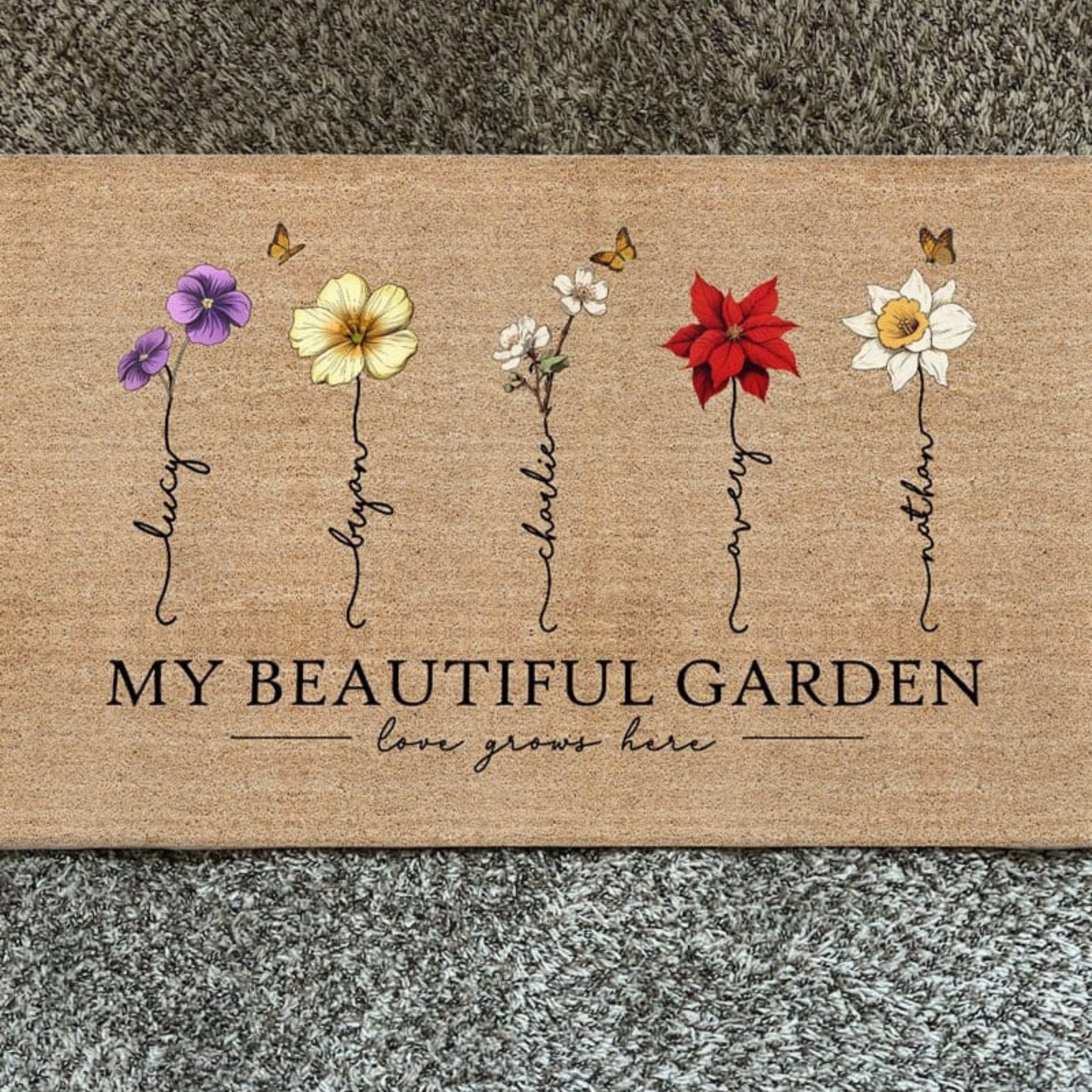 Grandma‘s Garden Love Grows Here Vintage Birth Flower Swirl Name - Personalized Doormat - Gift For Her, Grandma, Mom