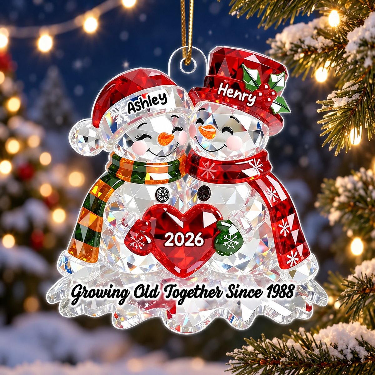 Snowman Couple 3D Crystal Effect - Personalized Acrylic Ornament - Christmas Gift for Couple