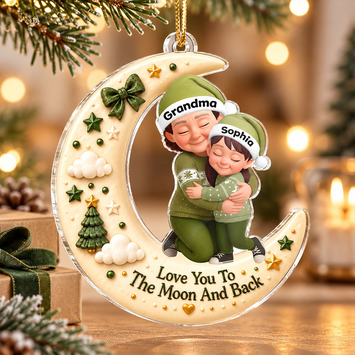 Grandma Hugging Grandkid Love to the Moon and Back - Personalized Acrylic Ornament - Christmas Gift for Grandma, Grandkids