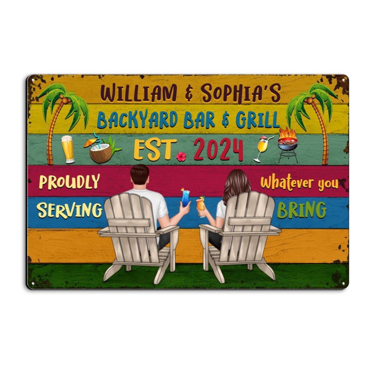 Welcome To Backyard Bar & Grill Back View Couple Personalized Metal Sign