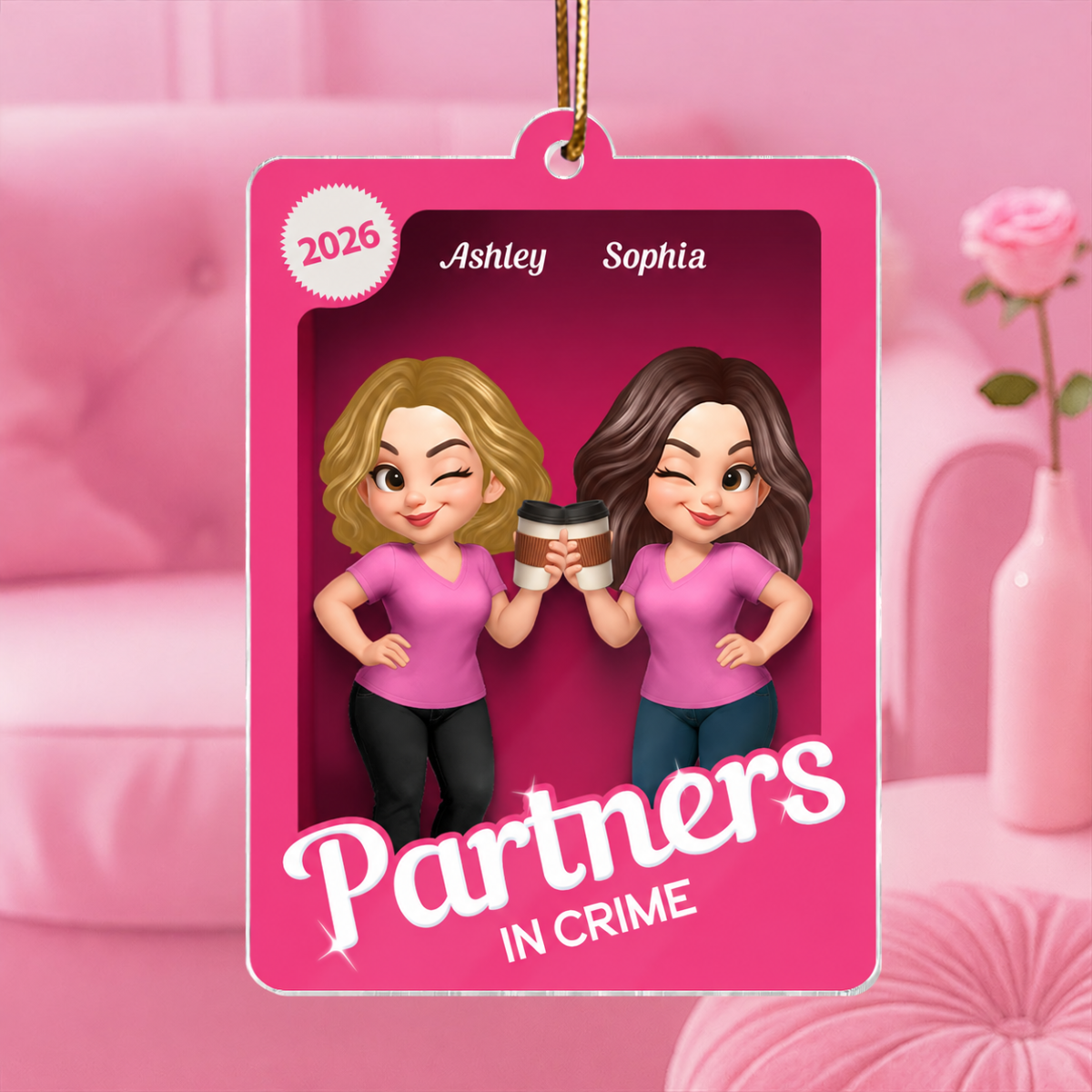 Besties Sisters 3D Effect Pink Toy Box - Personalized Acrylic Ornament - Gift for Besties, Best Friends