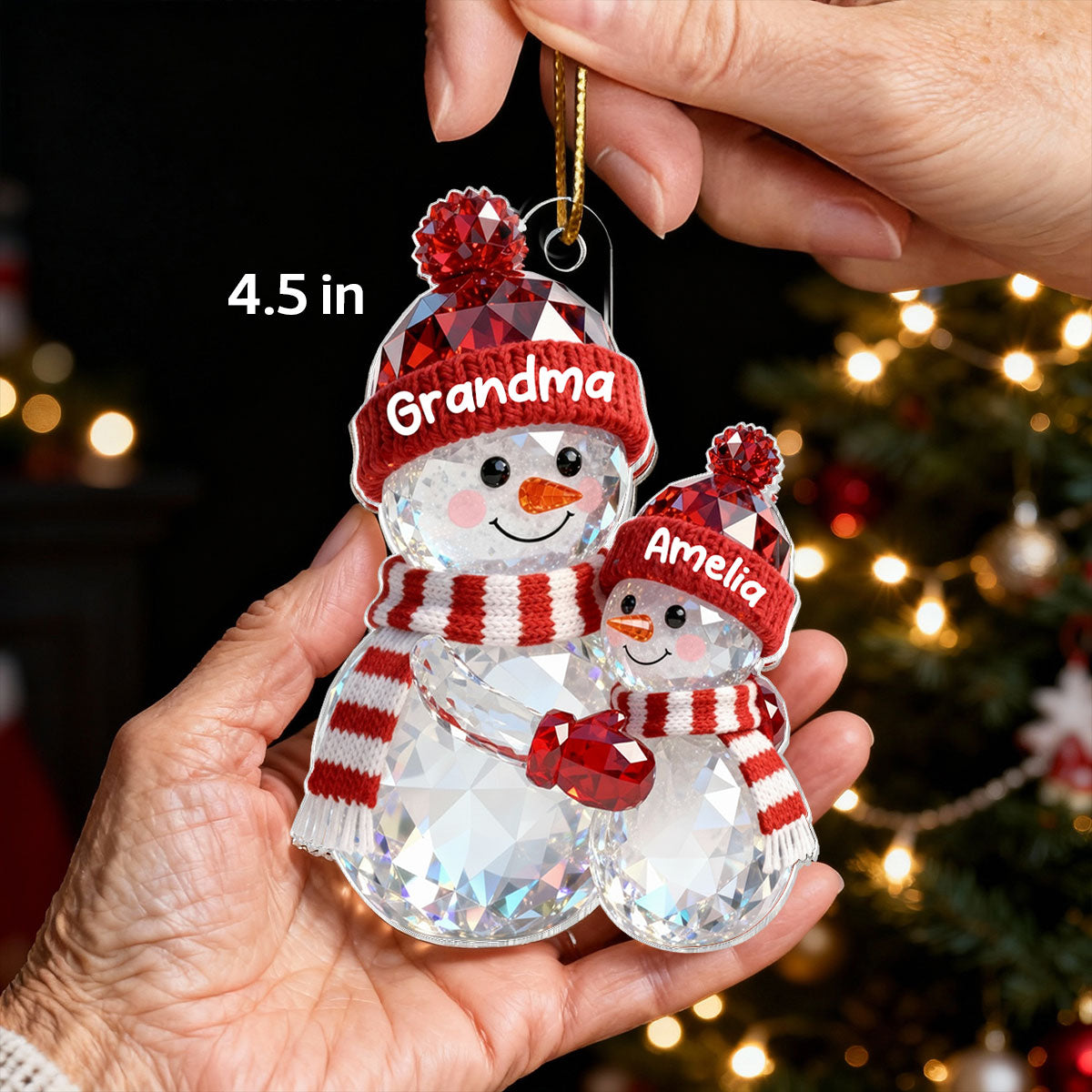 3D Effect Flat Snowman Grandma Hugging Grandkid Christmas - Personalized Acrylic Ornament - Gift For Grandkids