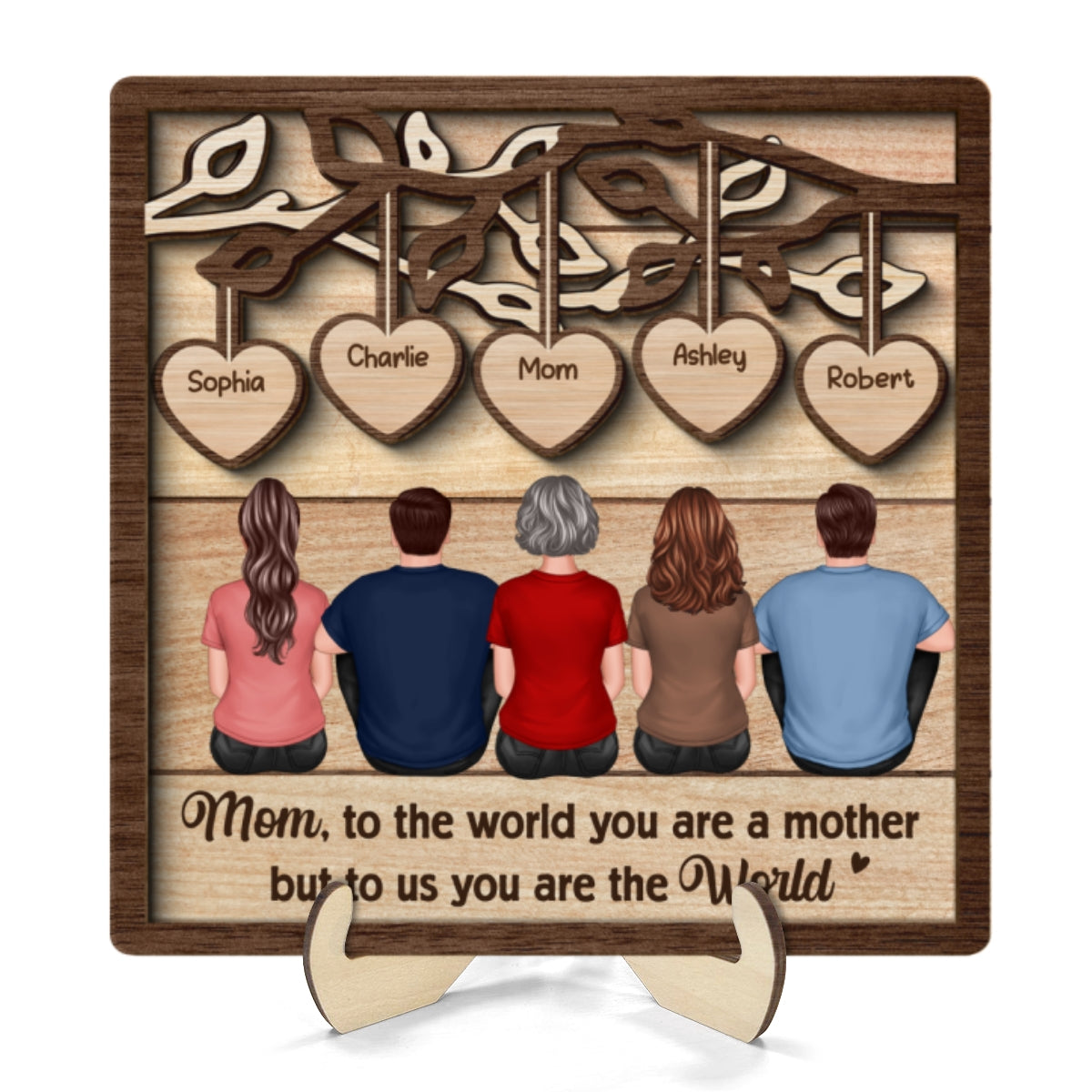 Back View Mom And Daughters Sons Sitting Under Heart Tree Gift For Mom Personalized 2-Layer Wooden Plaque