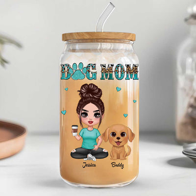 Watercolor Cute Dogs Teal And Leopard Dog Mom Personalized Clear Glass Can