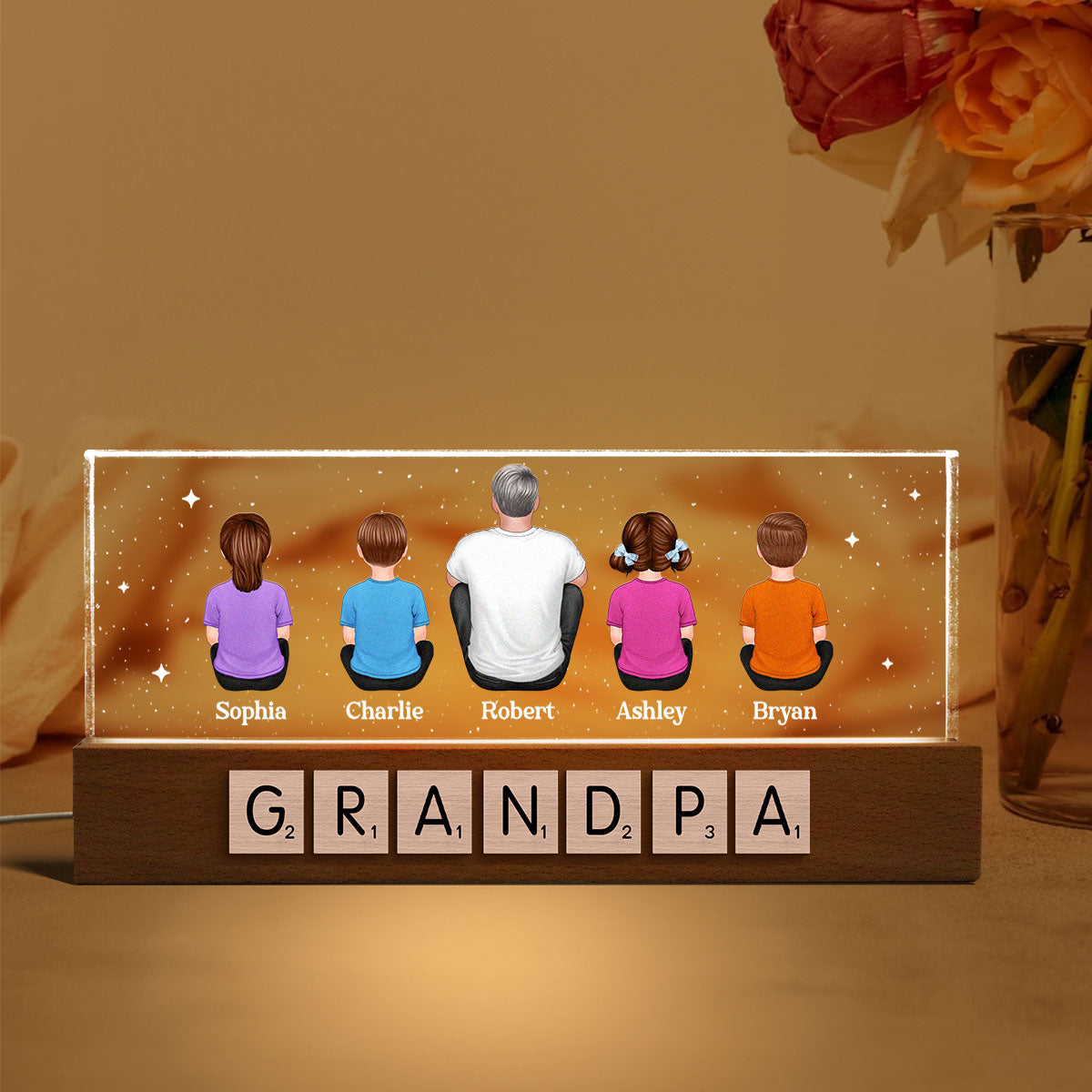 Daddy Grandpa Letters Wood Texture Sitting Back View Personalized Acrylic LED Night Light