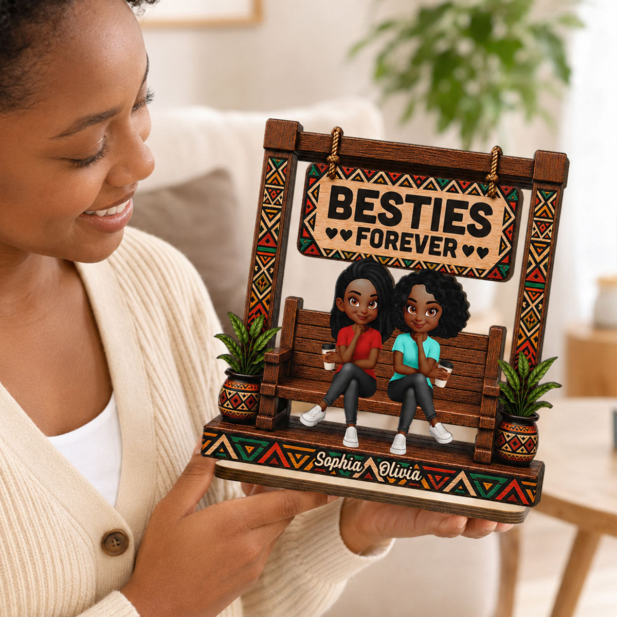 Tribal Patterns Besties Forever - Personalized 2-Layered Wooden Plaque - Birthday Gift, Gift For Best Friends