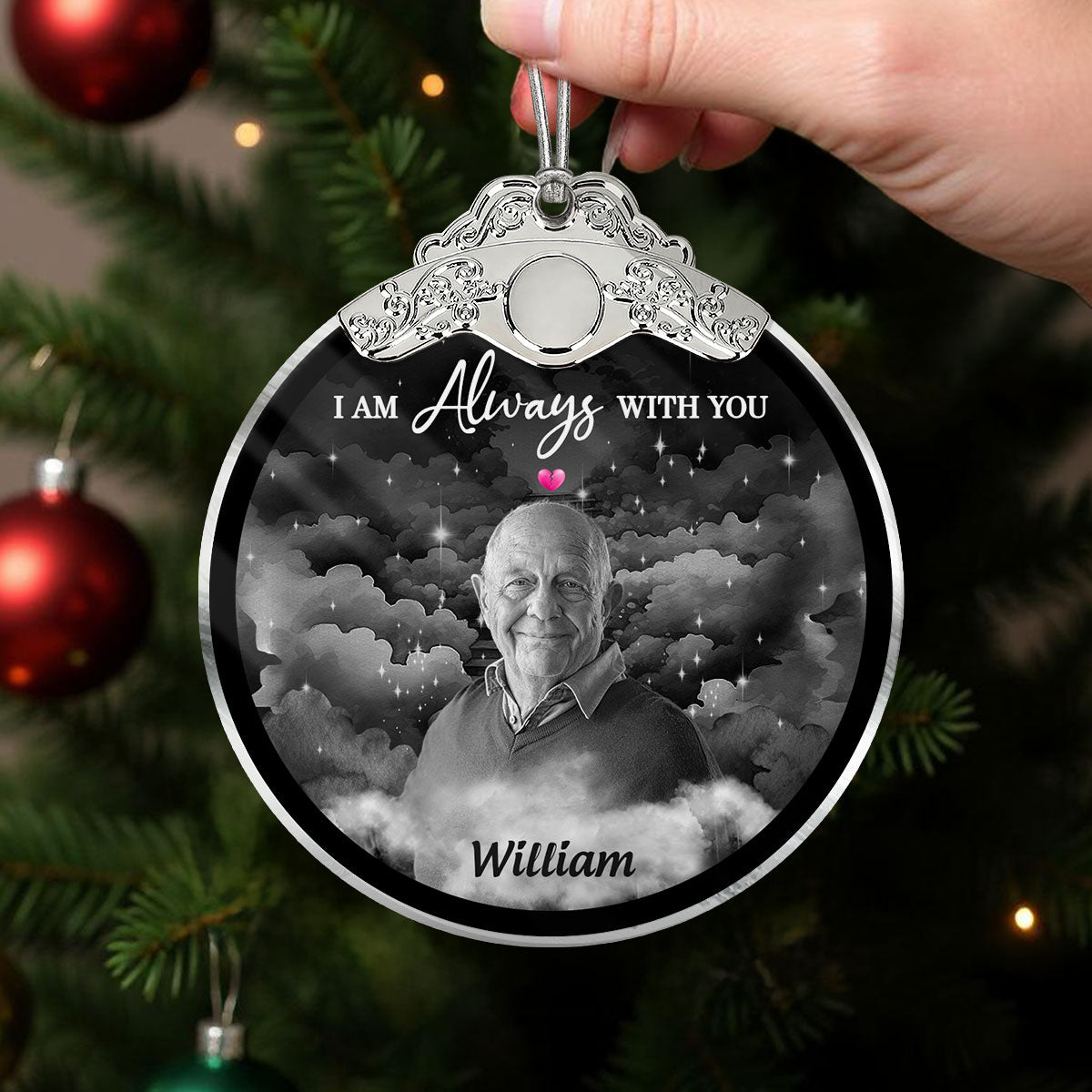 I Am Always With You Memorial Photo Christmas Family Remembrance - Personalized Glass Ornament With Silver Cap