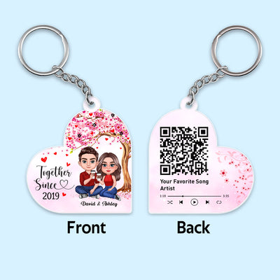 Doll Couple Sitting Together Under Tree Favorite Song Scannable QR Code Personalized Acrylic Keychain