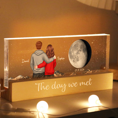 Back View Couple Custom Moon Phases The Day We Met Personalized Acrylic Block LED Night Light, Heartfelt Gift For Couple, For Him, For Her, Boyfriend, Girlfriend, Husband, Wife