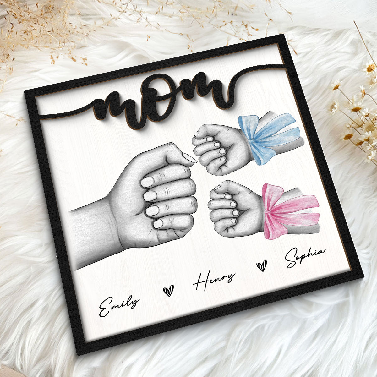Mom And Kids Fist Bump With Bows Gift For Mom Personalized 2-Layer Wooden Plaque