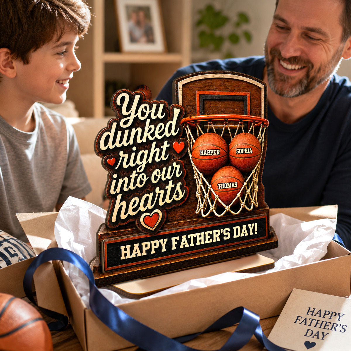 You Dunked Right Into Our Hearts Custom Name 2D Flat - Personalized 2-Layered Wooden Plaque - Father's Day Gift For Basketball Dad