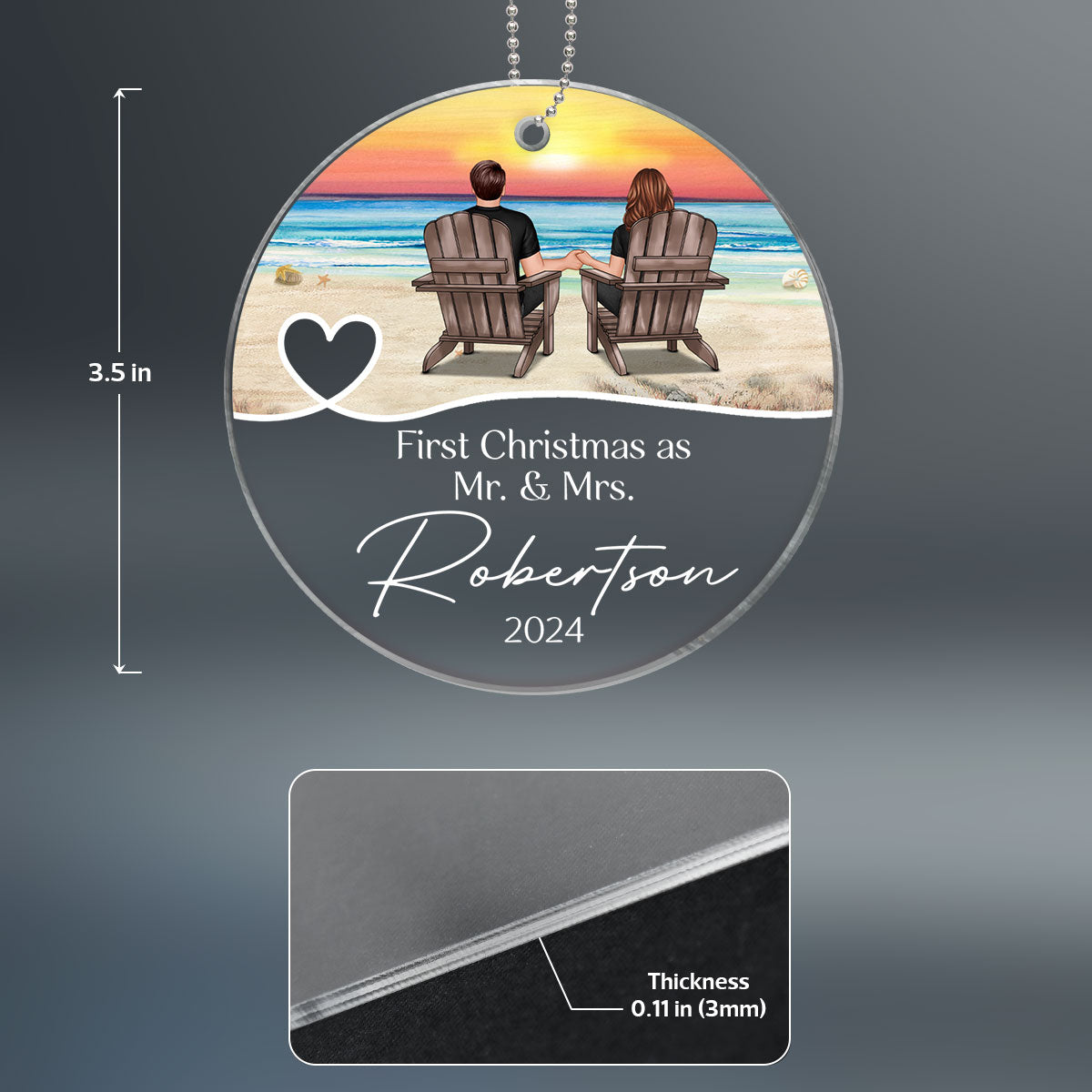 First Christmas Couple Sitting At Beach Personalized Acrylic Ornament for Wedding, Christmas Gift, Wedding Keepsake Gifts