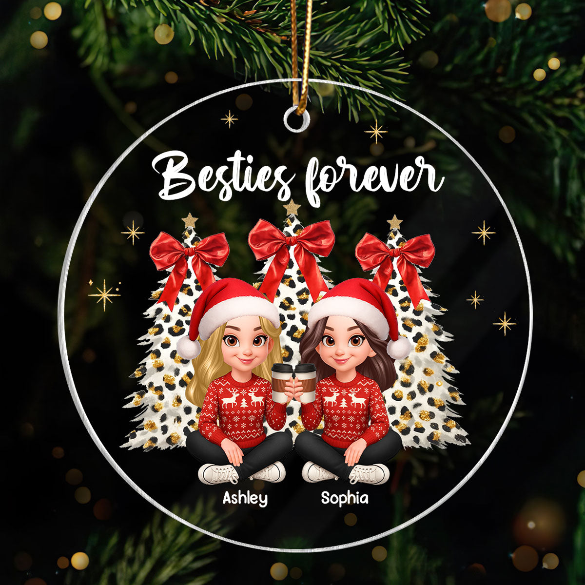 Besties Forever Leopard Coquette Christmas Tree - Personalized Acrylic Ornament