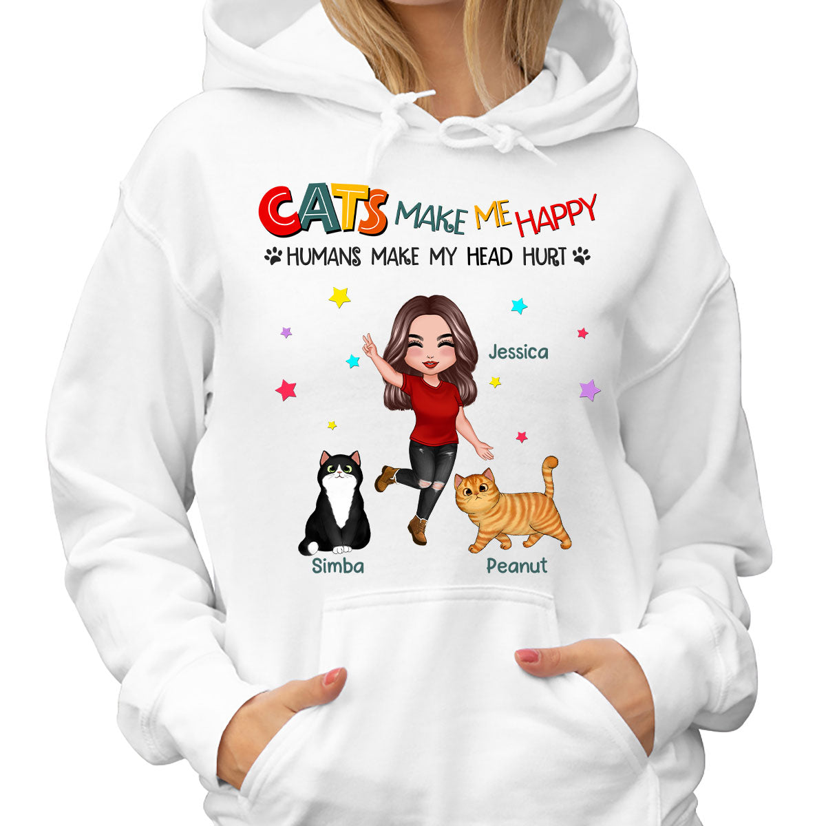 Cats Make Me Happy Fluffy Cat & Doll Girl Personalized Shirt