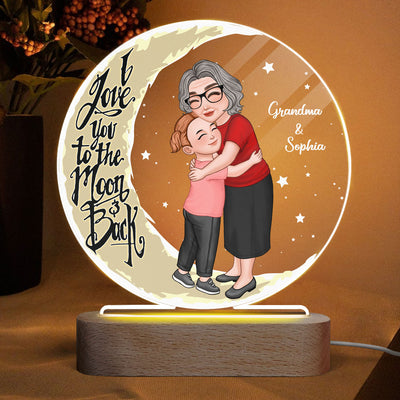 Grandma Hugging Grandkid Love You To The Moon And Back Personalized Acrylic LED Night Light, Gift For Grandma, Granddaughter, Grandson
