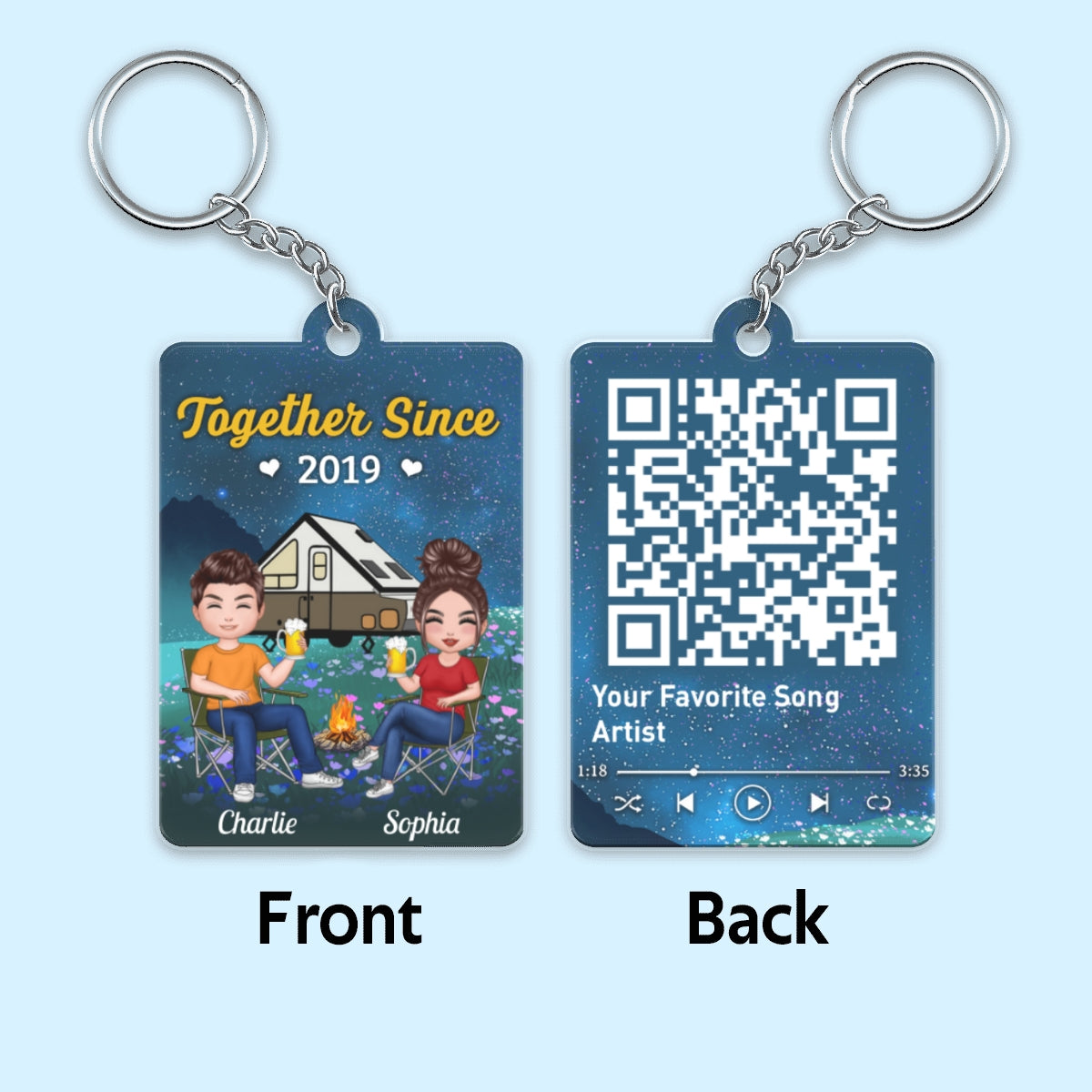 Doll Couple Camping Favorite Song QR Code Personalized Acrylic Keychain