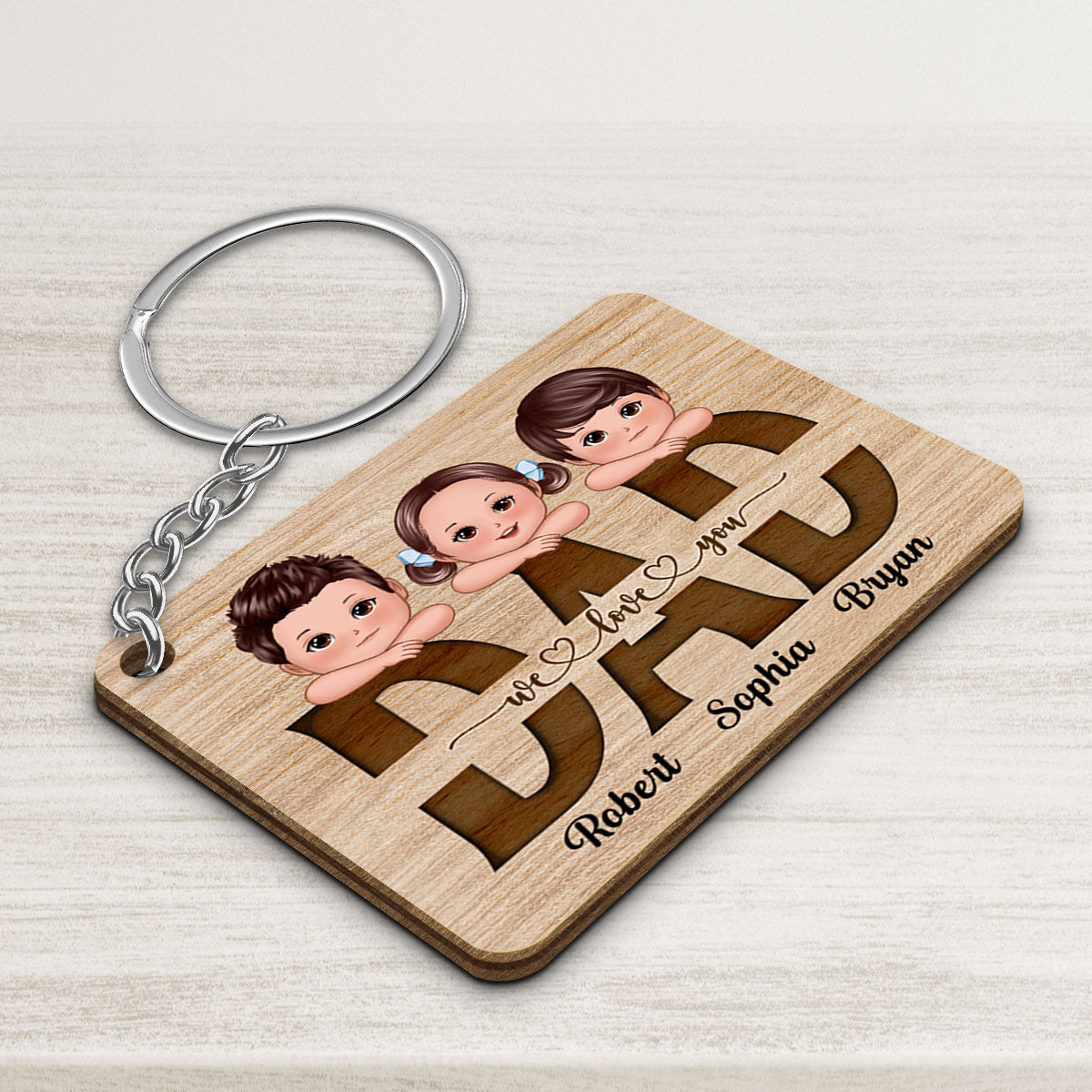 Dad Grandpa We Love You Cute Doll Kids On Hands Personalized Wooden Keychain