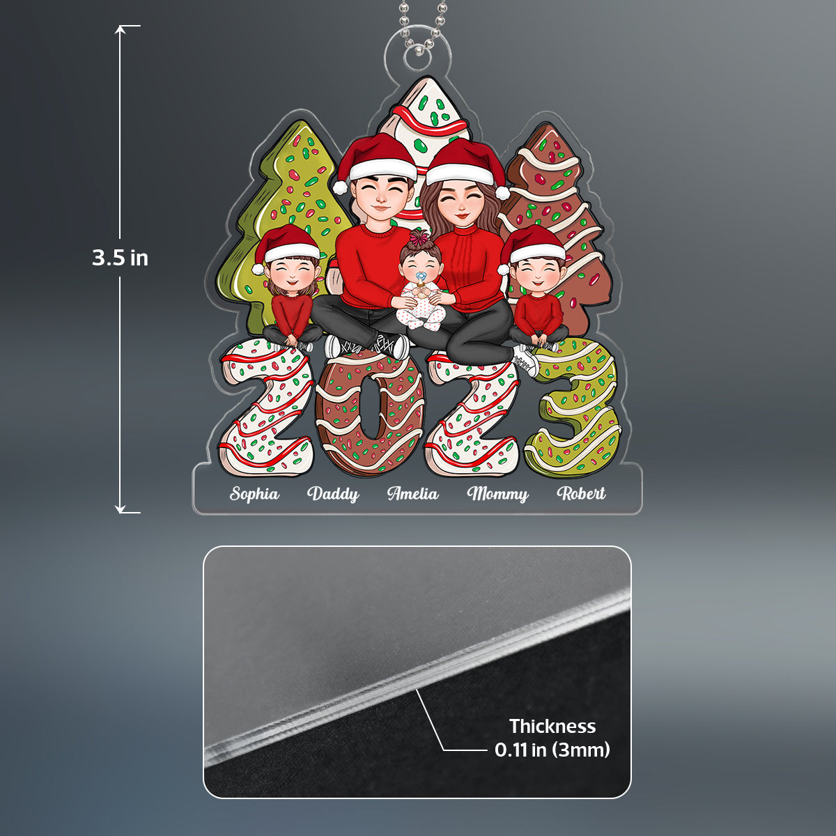 Happy Family Sitting Hugging Christmas Tree Cake Personalized Acrylic Ornament