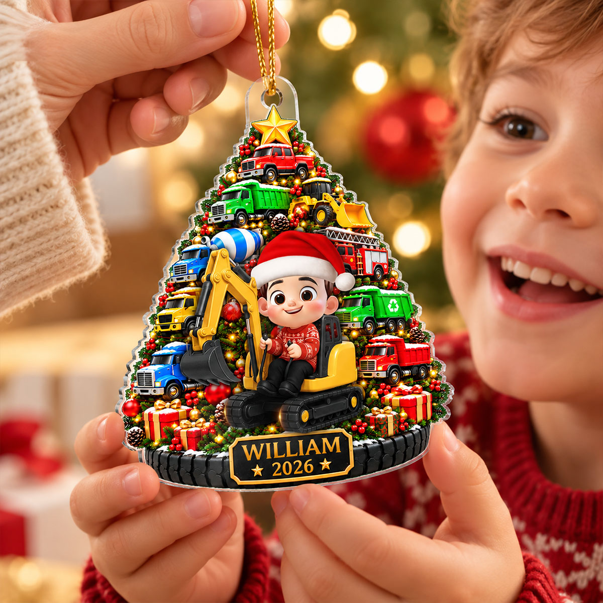 Construction Trucks Christmas Tree 2D Flat – Personalized Acrylic Ornament – Christmas Gift For Boys