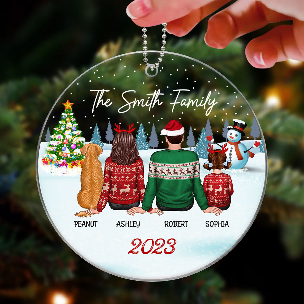 Family Dog Cat Christmas Tree Sitting In Snow Gift For Family Pet Lovers Personalized Acrylic Ornament