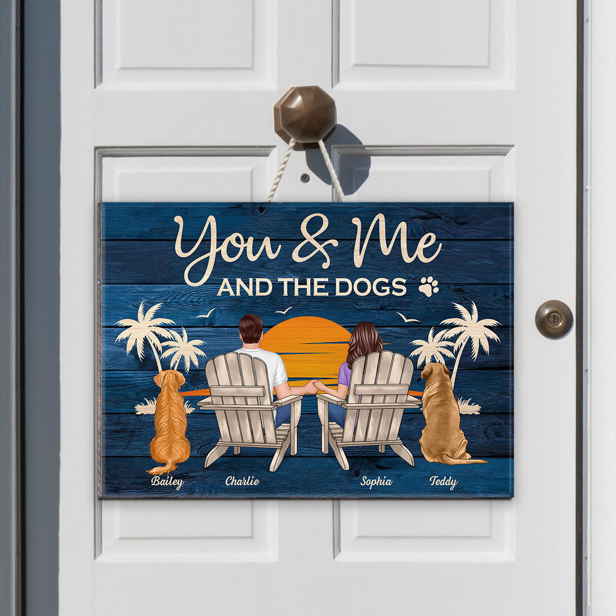 You & Me and The Dogs Couple Sitting Personalized Wood Sign