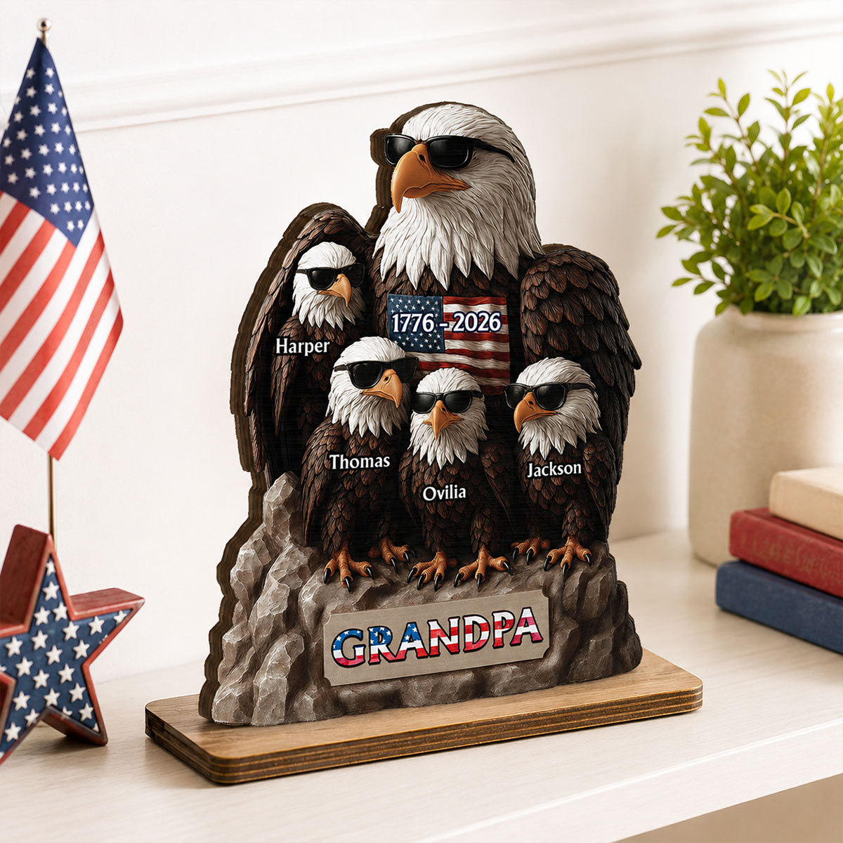 America 250th Anniversary Patriotic Eagle Grandpa Dad & Kids - Personalized 2-Layered Wooden Plaque - Father's Day Gift, 250th Anniversary Gift, Keepsake For Grandpa, Dad