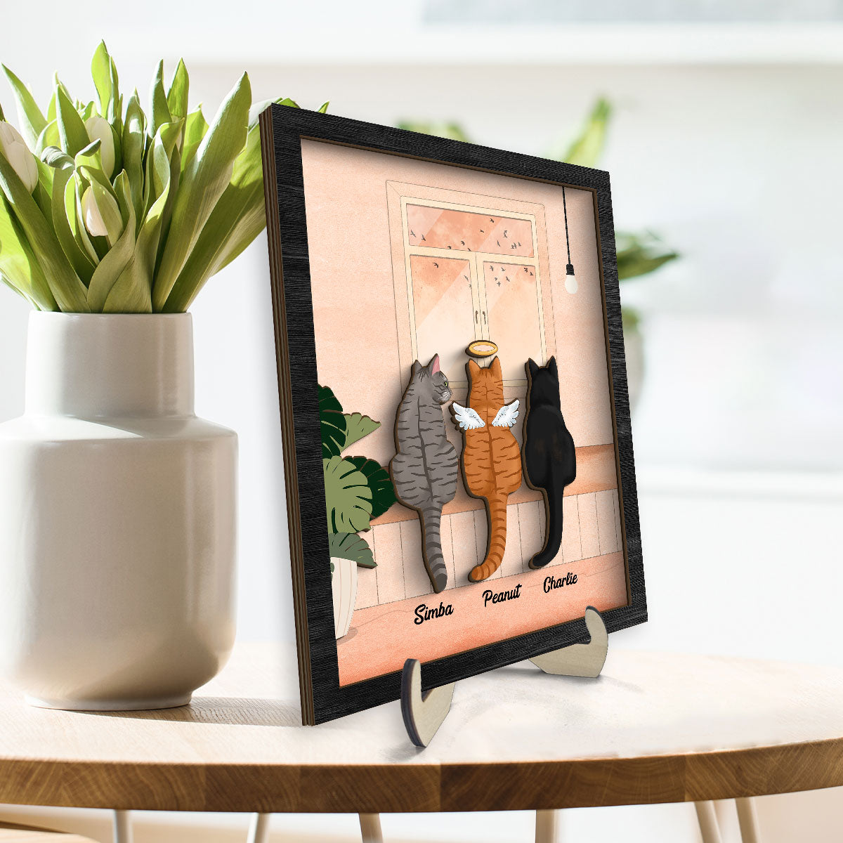 Cat Portrait Print Looking At Birds Outside Window Personalized 2-Layer Wooden Plaque