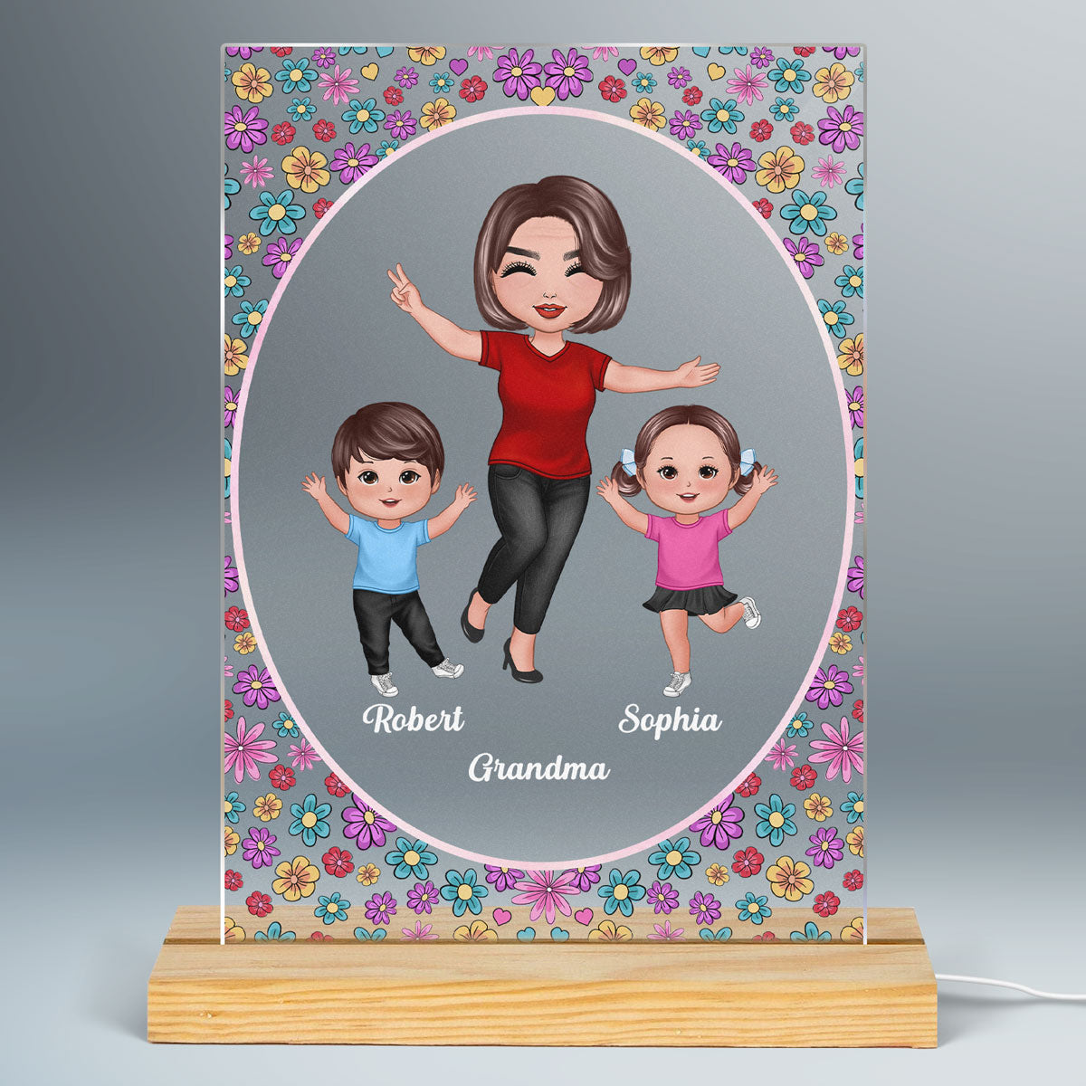 Happy Doll Grandma Kids Flowers Frame Personalized Rectangle Acrylic LED Night Light