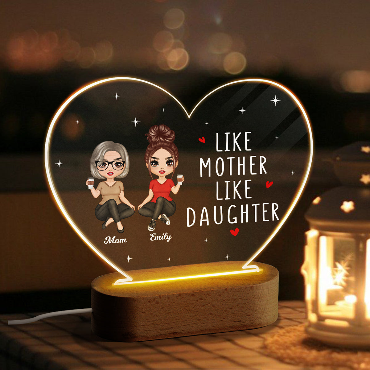 Doll Women Sitting Like Mother Like Daughter Personalized Heart Acrylic Plaque LED Night Light