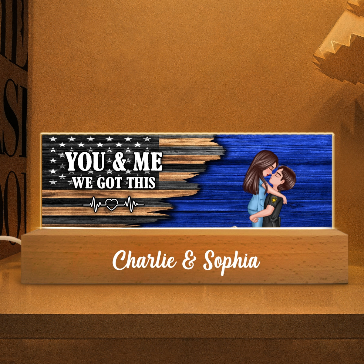 Hero Couple Hugging Kissing Half Flag  Gift by Occupation Personalized Acrylic Block LED Night Light
