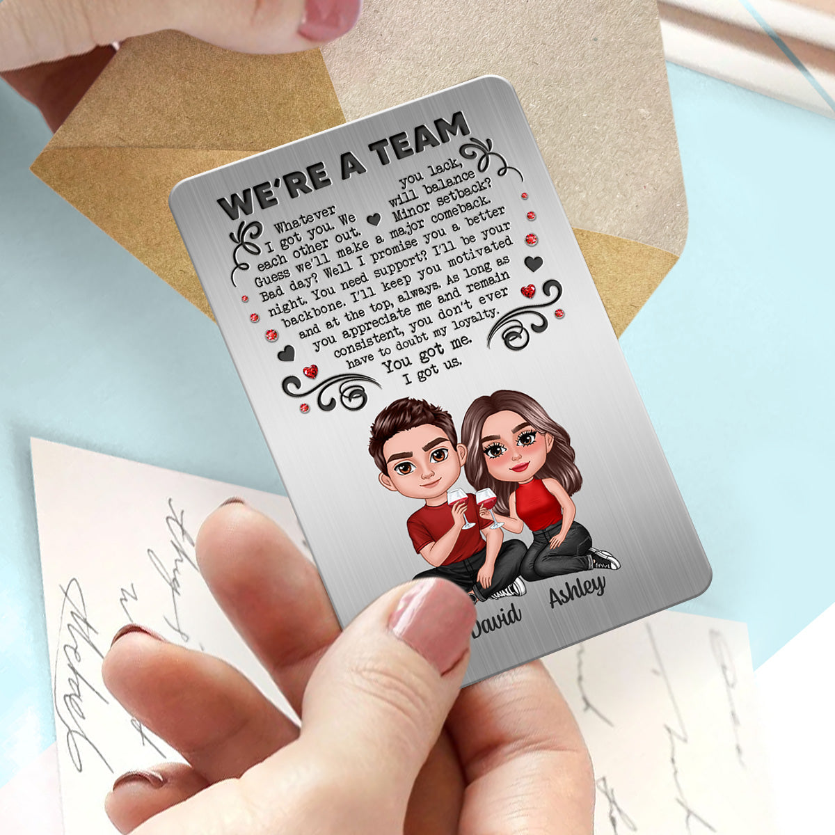 We‘re A Team Couple Sitting Together Personalized Metal Wallet Card