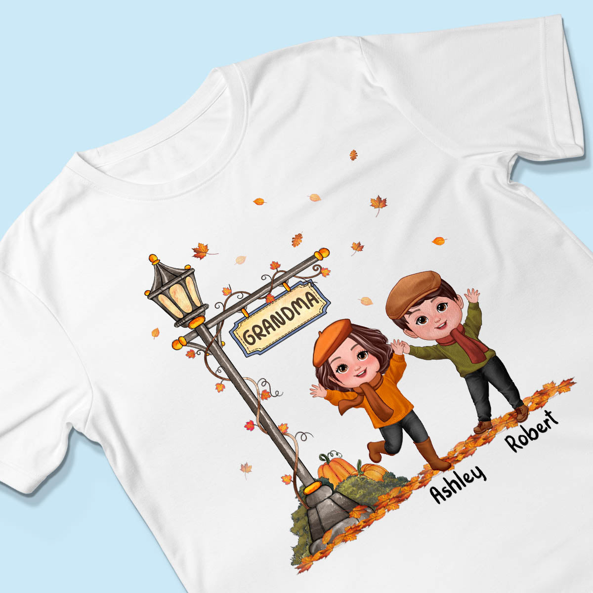 Fall Season Happy Doll Kids Under Lamp Post Personalized Shirt, Fall Season Gift For Grandma