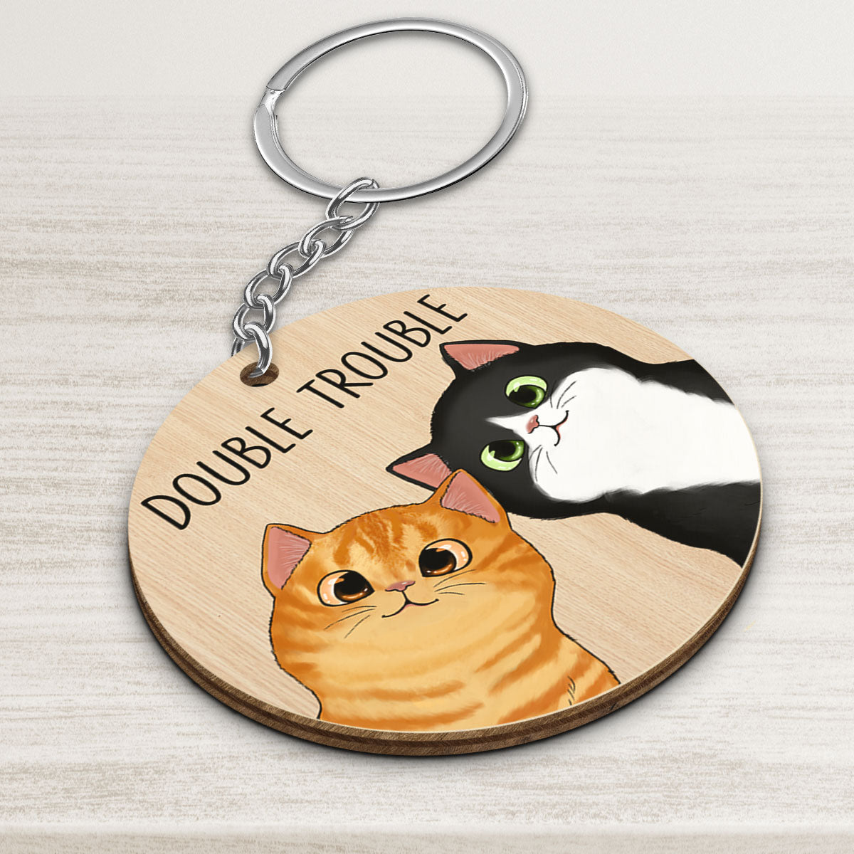 Peeking Fluffy Cats Double Trouble Personalized Wooden Keychain