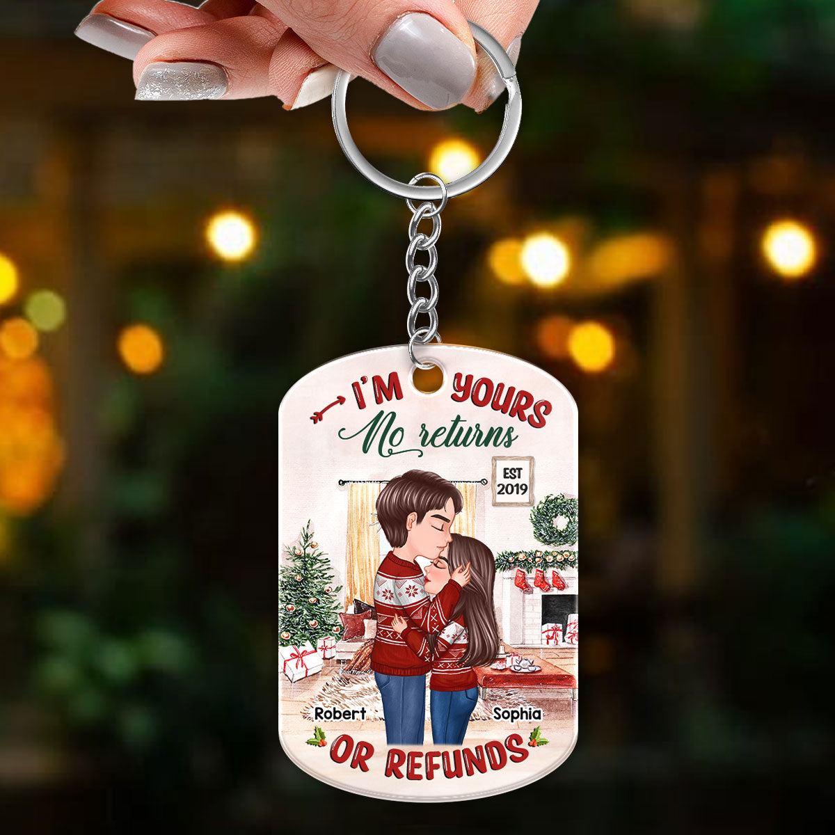 No Returns Or Refunds Christmas Couple Kissing Personalized Acrylic Keychain