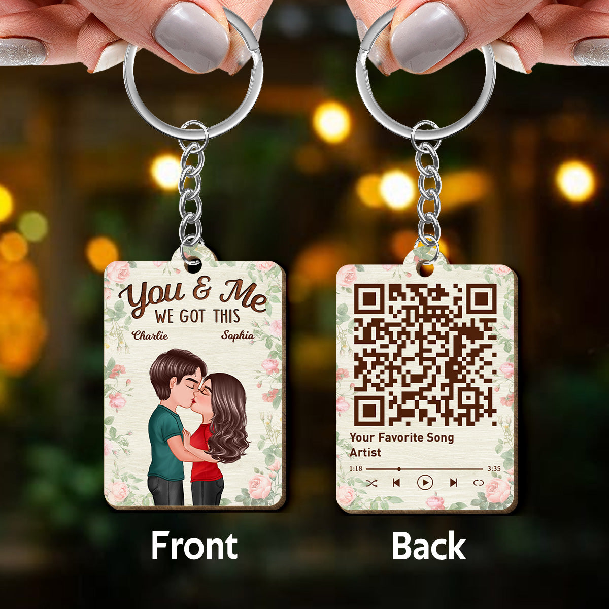Roses Doll Couple Kissing Favorite Song Scannable QR Code Personalized Wooden Keychain