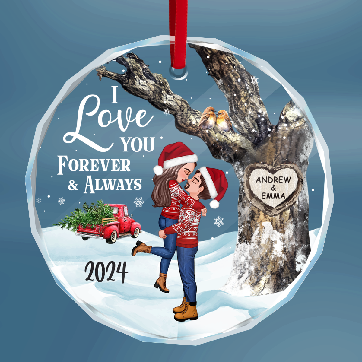 Couple Hugging Kissing Carved Heart Tree Personalized Glass Ornament, Christmas Gift For Him, For Her