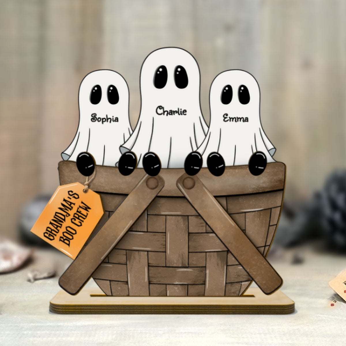 Grandma Family Ghosts For The Flower Basket Personalized 2-Layer Standing Wooden Plaque, Halloween Decor