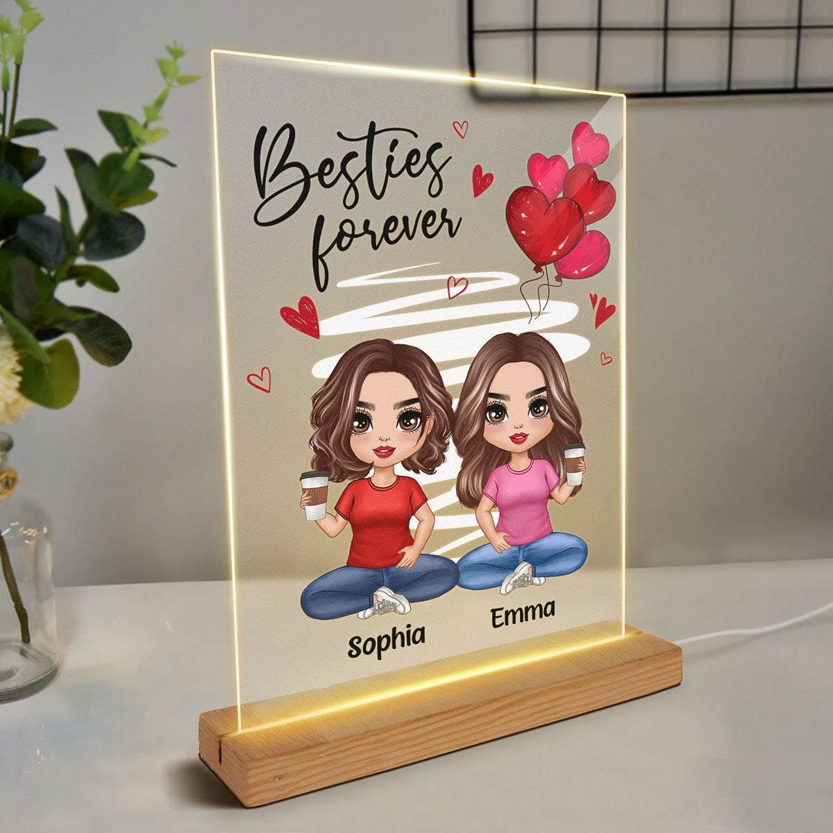Red Hearts Doll Women Sitting Gift For Best Friends Sisters Siblings Personalized Rectangle Acrylic Plaque LED Night Light