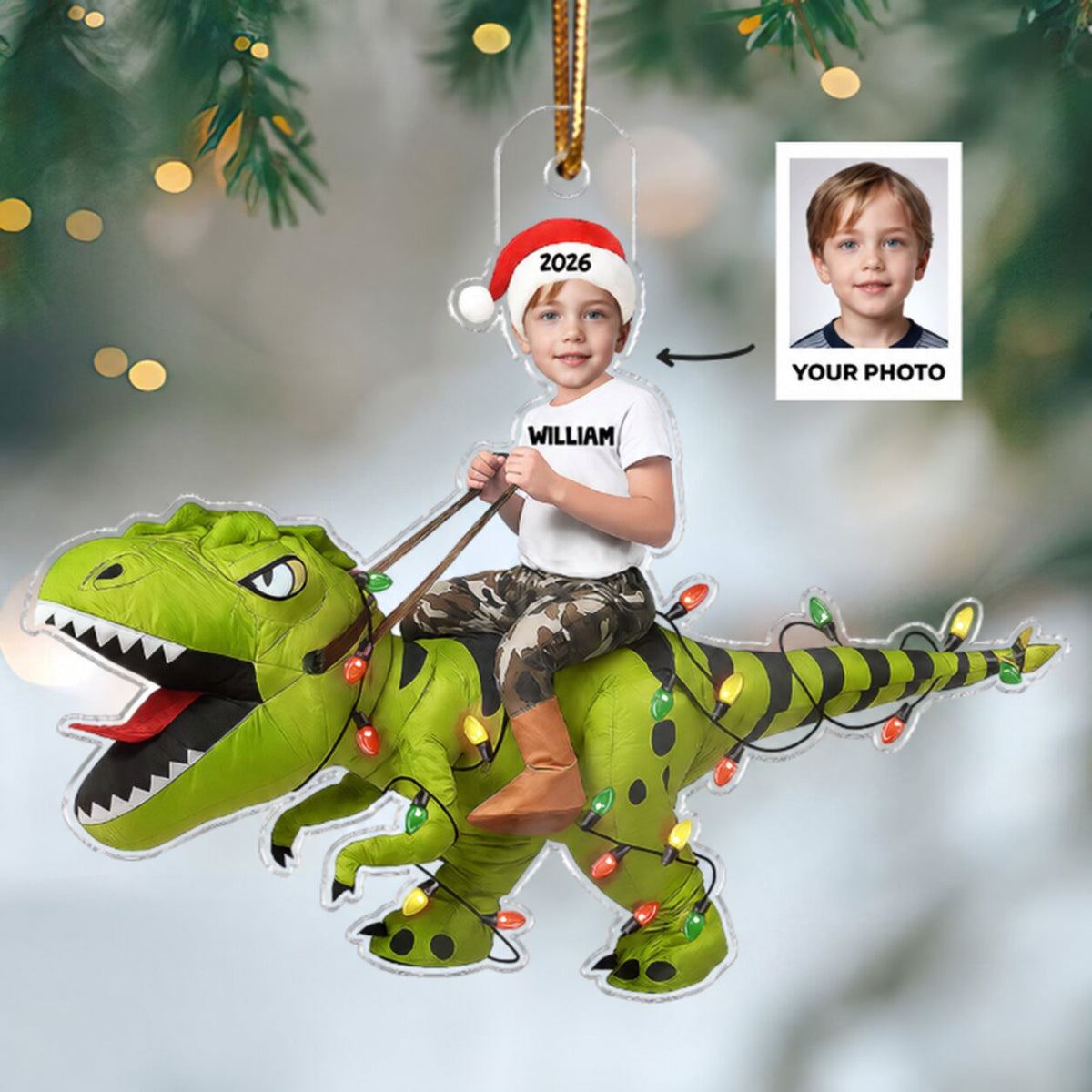 3D Effect Custom Face Kid With Dinosaur - Personalized Acrylic Ornament - Gift For Kids, Granddaughter, Grandson, Daughter, Son