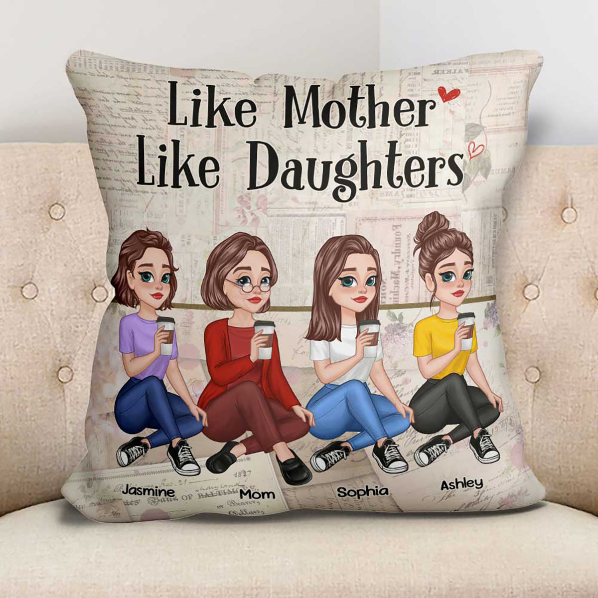 Floral Old Paper Pretty Cartoon Mother Daughter Sitting Personalized Pillow