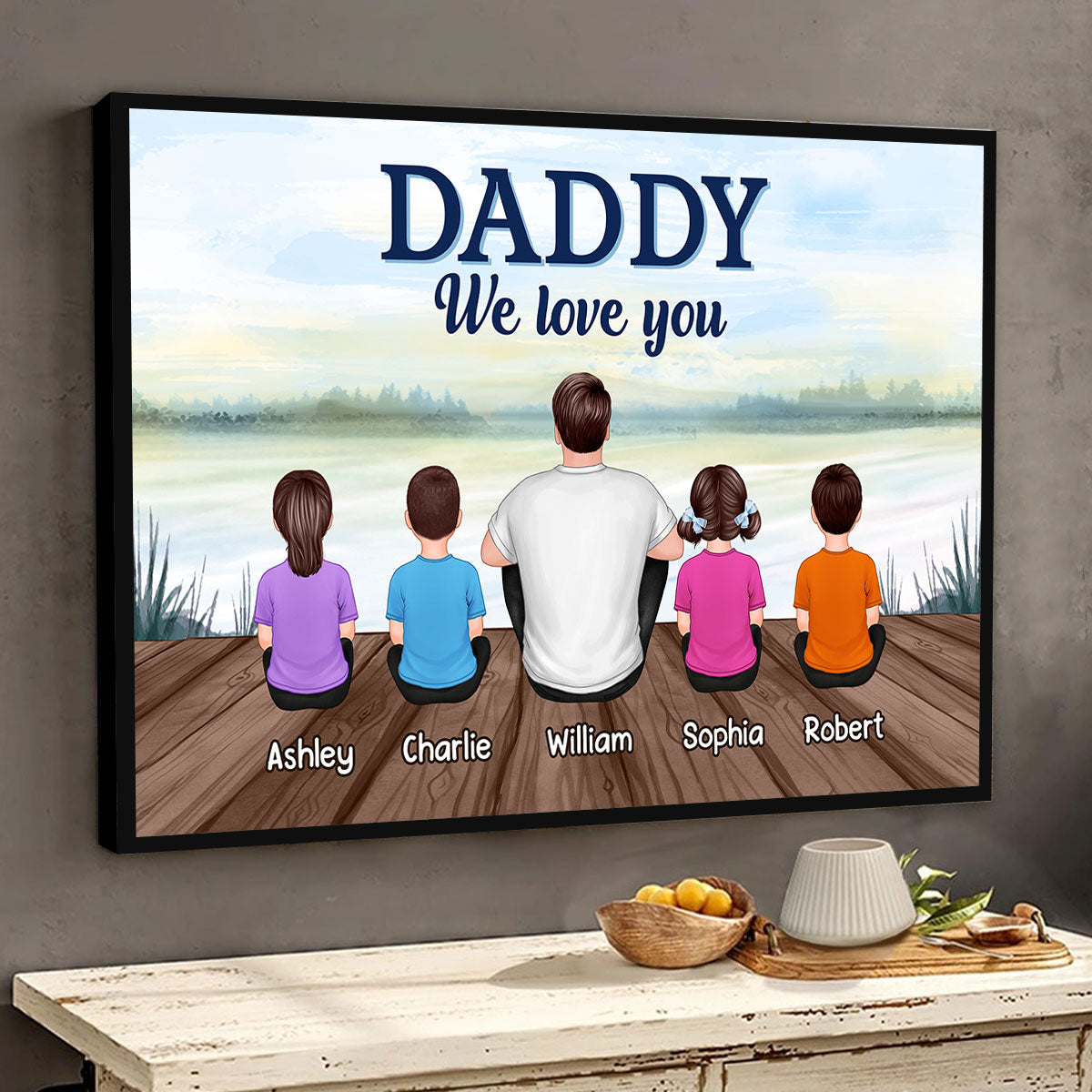 Dad Grandpa We Love You Back View Man & Kids Blue Theme Lake View Personalized Horizontal Poster