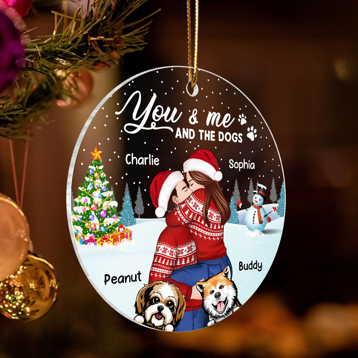 Couple And The Dogs In Winter Night Personalized Acrylic Ornament, Christmas Gift For Him, For Her, Gift For Pet Lovers